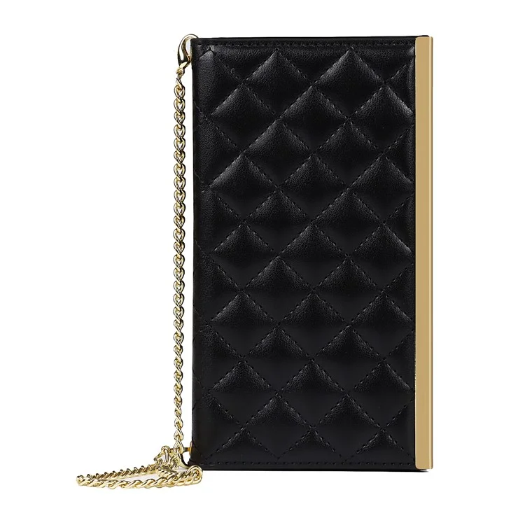Grid Texture Phone Bag Leather Phone Case Hand Bag with Makeup Mirror for iPhone 12 Pro Max 6.7 inch - Black