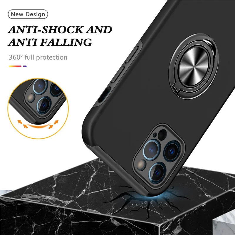 Soft Flexible TPU + Hard PC Back Shell Shockproof Cover with Ring Car Mount Kickstand for iPhone 13 6.1 inch - Black