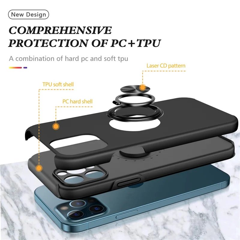 Soft Flexible TPU + Hard PC Back Shell Shockproof Cover with Ring Car Mount Kickstand for iPhone 13 6.1 inch - Black