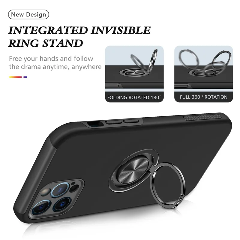 Soft Flexible TPU + Hard PC Back Shell Shockproof Cover with Ring Car Mount Kickstand for iPhone 13 6.1 inch - Black