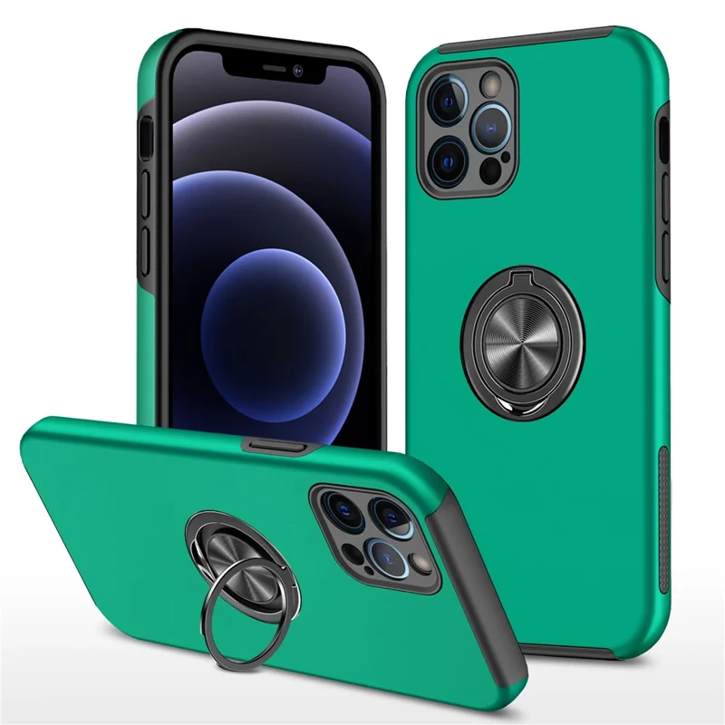 Soft Flexible TPU + Hard PC Back Shell Shockproof Cover with Ring Car Mount Kickstand for iPhone 13 6.1 inch - Blackish Green