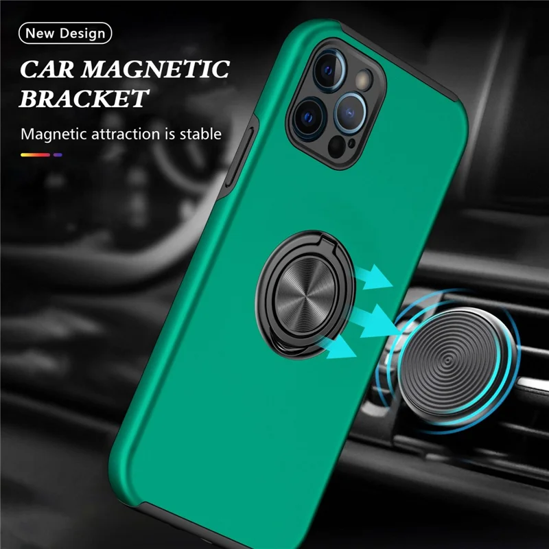 Soft Flexible TPU + Hard PC Back Shell Shockproof Cover with Ring Car Mount Kickstand for iPhone 13 6.1 inch - Blackish Green