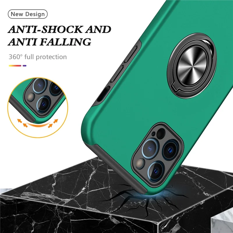 Soft Flexible TPU + Hard PC Back Shell Shockproof Cover with Ring Car Mount Kickstand for iPhone 13 6.1 inch - Blackish Green