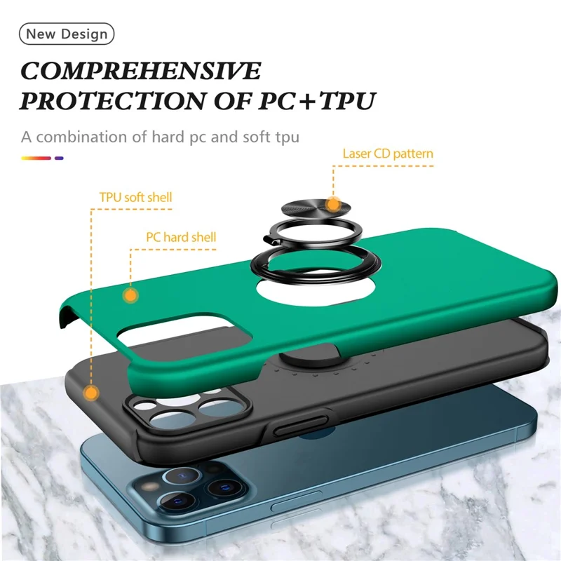 Soft Flexible TPU + Hard PC Back Shell Shockproof Cover with Ring Car Mount Kickstand for iPhone 13 6.1 inch - Blackish Green