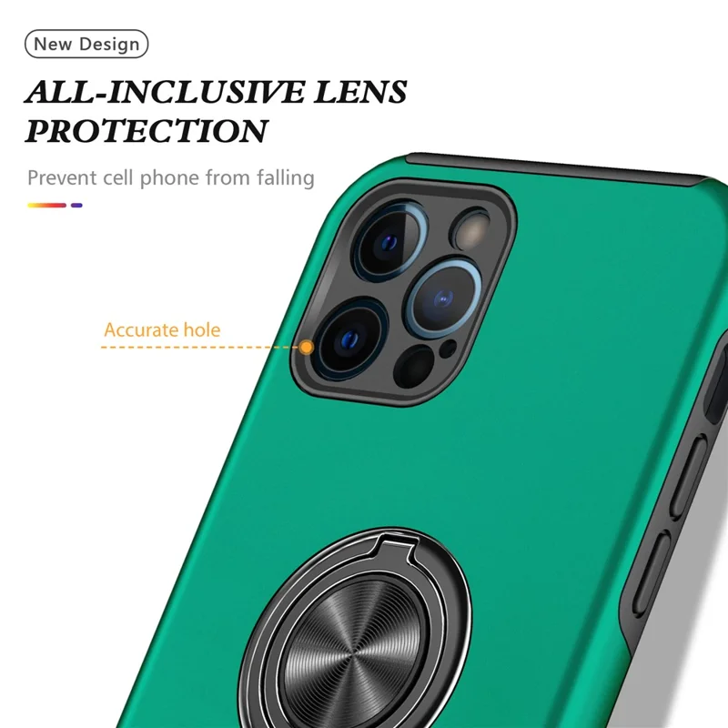 Soft Flexible TPU + Hard PC Back Shell Shockproof Cover with Ring Car Mount Kickstand for iPhone 13 6.1 inch - Blackish Green