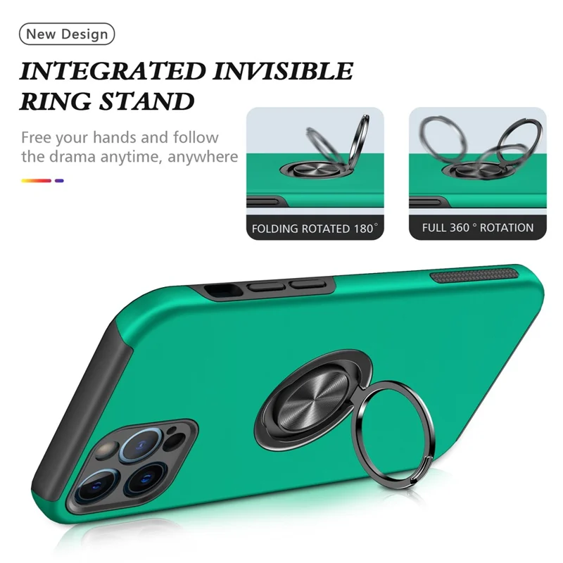 Soft Flexible TPU + Hard PC Back Shell Shockproof Cover with Ring Car Mount Kickstand for iPhone 13 6.1 inch - Blackish Green
