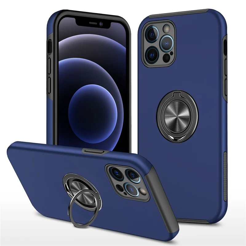 Soft Flexible TPU + Hard PC Back Shell Shockproof Cover with Ring Car Mount Kickstand for iPhone 13 6.1 inch - Blue