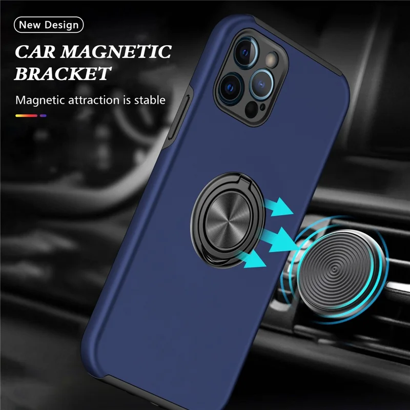 Soft Flexible TPU + Hard PC Back Shell Shockproof Cover with Ring Car Mount Kickstand for iPhone 13 6.1 inch - Blue