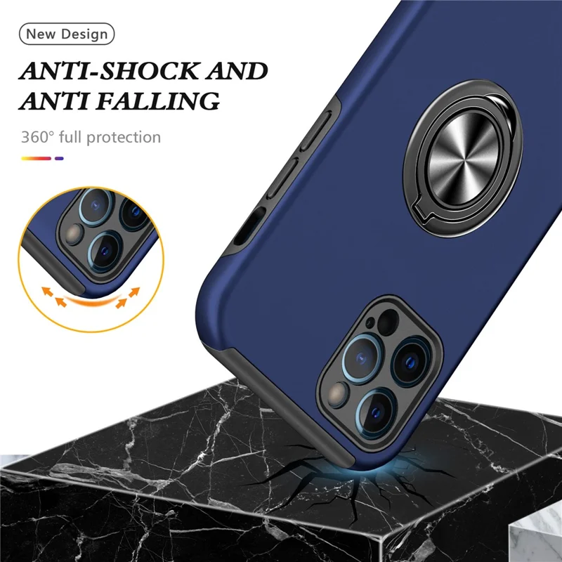 Soft Flexible TPU + Hard PC Back Shell Shockproof Cover with Ring Car Mount Kickstand for iPhone 13 6.1 inch - Blue
