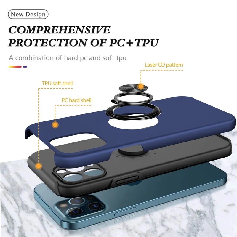 Soft Flexible TPU + Hard PC Back Shell Shockproof Cover with Ring Car Mount Kickstand for iPhone 13 6.1 inch - Blue