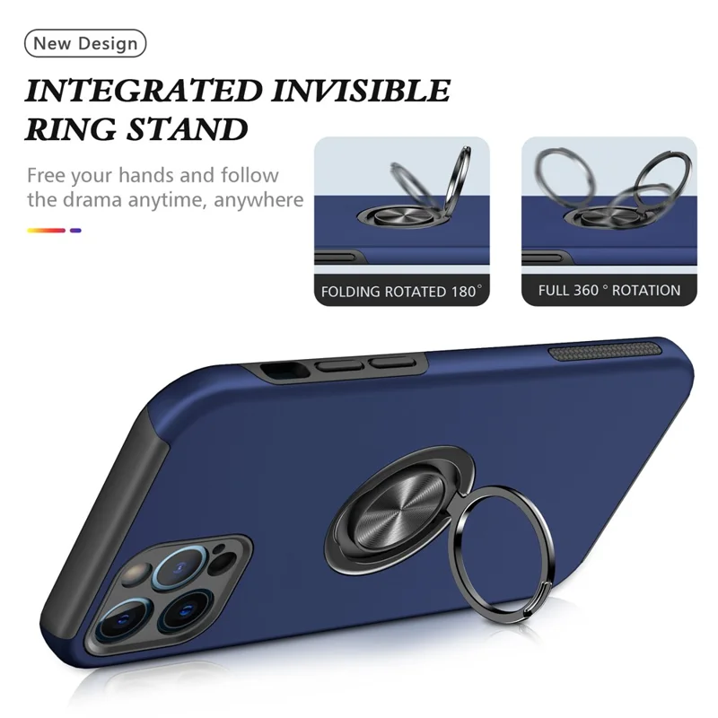 Soft Flexible TPU + Hard PC Back Shell Shockproof Cover with Ring Car Mount Kickstand for iPhone 13 6.1 inch - Blue