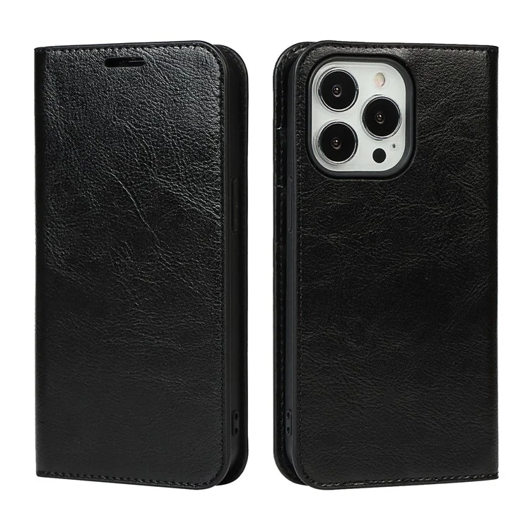 Locura de caballo Textura Cuero Genuino Folio Flip Billetera Cubierta con Soporte para iPhone 13 Pro 6.1 pulgadas -Negro