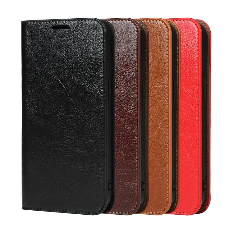 Locura de caballo Textura Cuero Genuino Folio Flip Billetera Cubierta con Soporte para iPhone 13 Pro 6.1 pulgadas -Negro