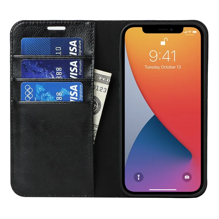 Locura de caballo Textura Cuero Genuino Folio Flip Billetera Cubierta con Soporte para iPhone 13 Pro 6.1 pulgadas -Negro