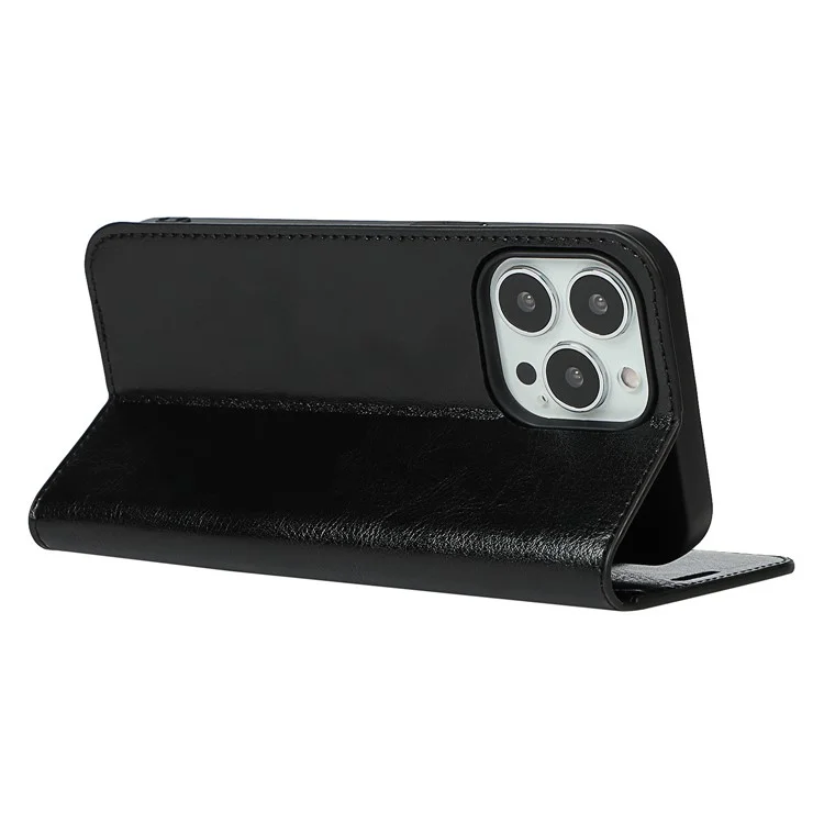 Locura de caballo Textura Cuero Genuino Folio Flip Billetera Cubierta con Soporte para iPhone 13 Pro 6.1 pulgadas -Negro