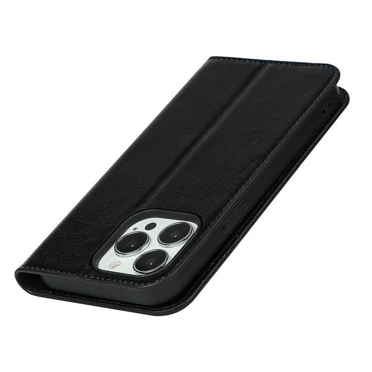 Locura de caballo Textura Cuero Genuino Folio Flip Billetera Cubierta con Soporte para iPhone 13 Pro 6.1 pulgadas -Negro