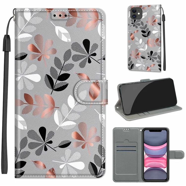 Pattern Printing Design Protective Anti-Collision Leather Stand Cover Phone Case with Handy Strap for iPhone 11 6.1 inch - Grey Flowers