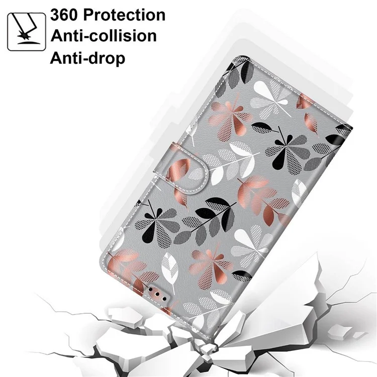 Patrón De Impresión Diseño Estuche Protector Contra Cuero Anti-colisión Funda Telefónica Con Correa Práctica Para IPhone 11 6.1 Pulgadas - Flores Grises