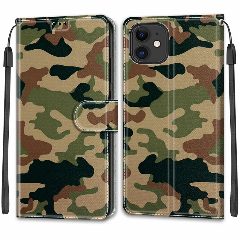 Stylish Pattern Printing Design Anti-Collision Leather Stand Cover Phone Case with Handy Strap for iPhone 12/12 Pro 6.1 inch - Camouflage