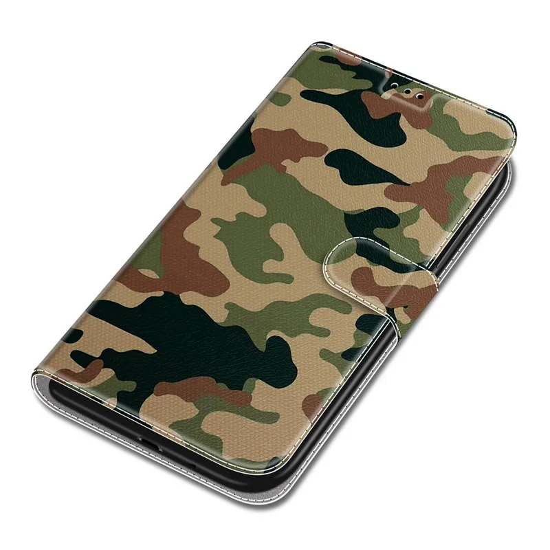 Stylish Pattern Printing Design Anti-Collision Leather Stand Cover Phone Case with Handy Strap for iPhone 12/12 Pro 6.1 inch - Camouflage