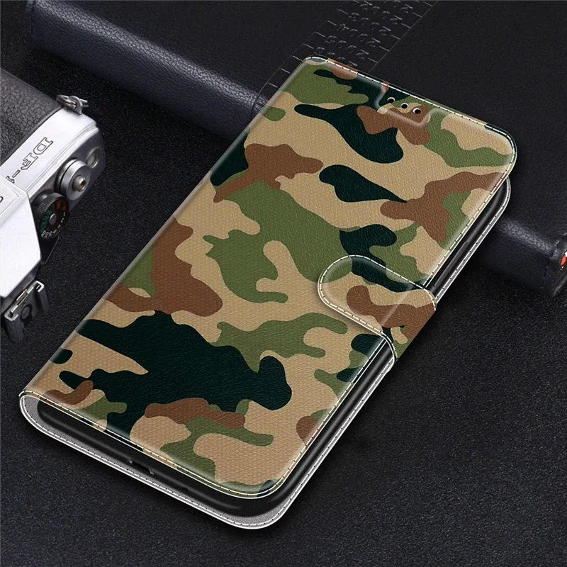Stylish Pattern Printing Design Anti-Collision Leather Stand Cover Phone Case with Handy Strap for iPhone 12/12 Pro 6.1 inch - Camouflage