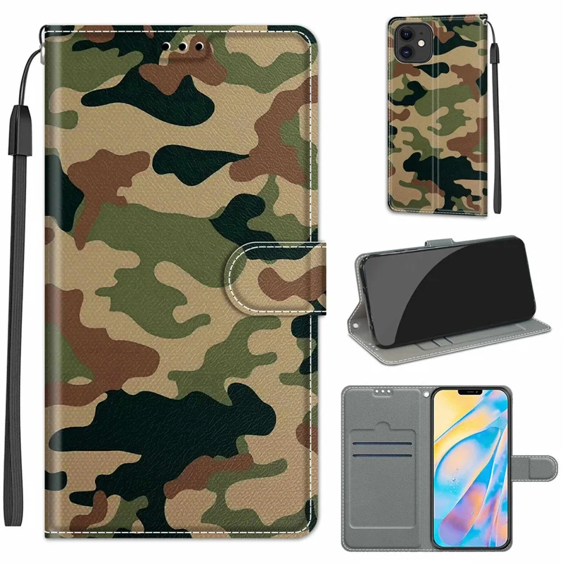 Stylish Pattern Printing Design Anti-Collision Leather Stand Cover Phone Case with Handy Strap for iPhone 12/12 Pro 6.1 inch - Camouflage