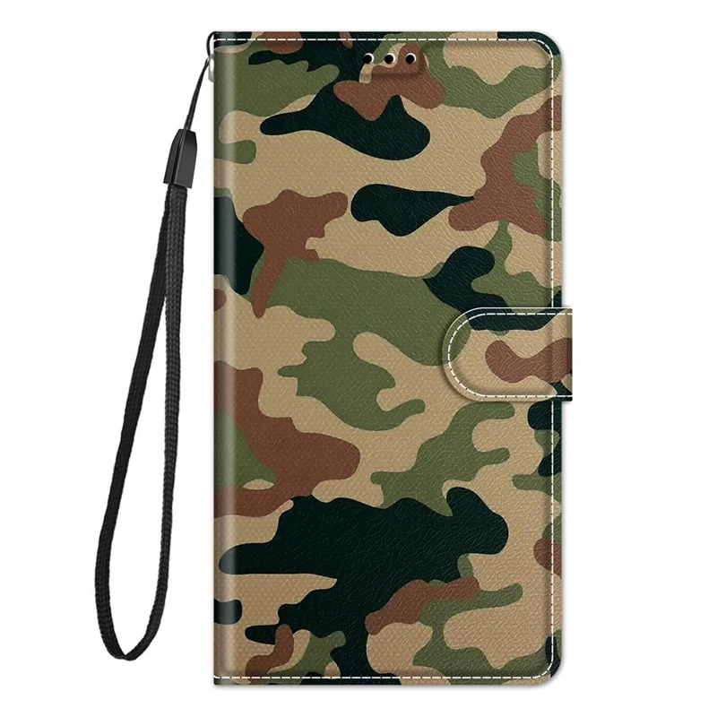 Stylish Pattern Printing Design Anti-Collision Leather Stand Cover Phone Case with Handy Strap for iPhone 12/12 Pro 6.1 inch - Camouflage