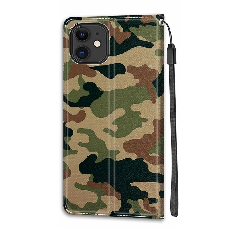 Stylish Pattern Printing Design Anti-Collision Leather Stand Cover Phone Case with Handy Strap for iPhone 12/12 Pro 6.1 inch - Camouflage