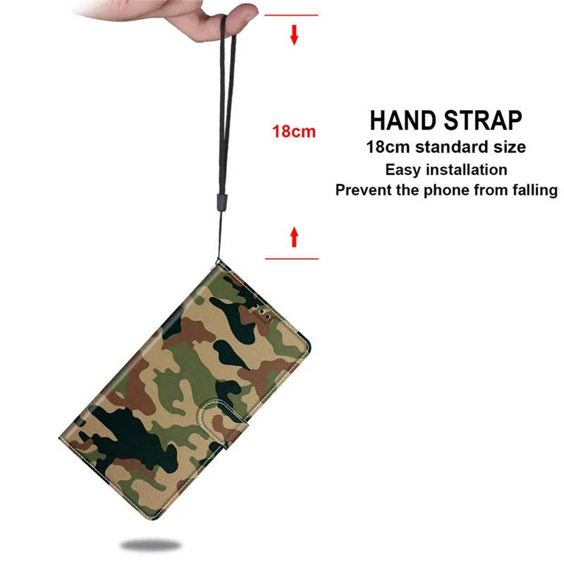Stylish Pattern Printing Design Anti-Collision Leather Stand Cover Phone Case with Handy Strap for iPhone 12/12 Pro 6.1 inch - Camouflage
