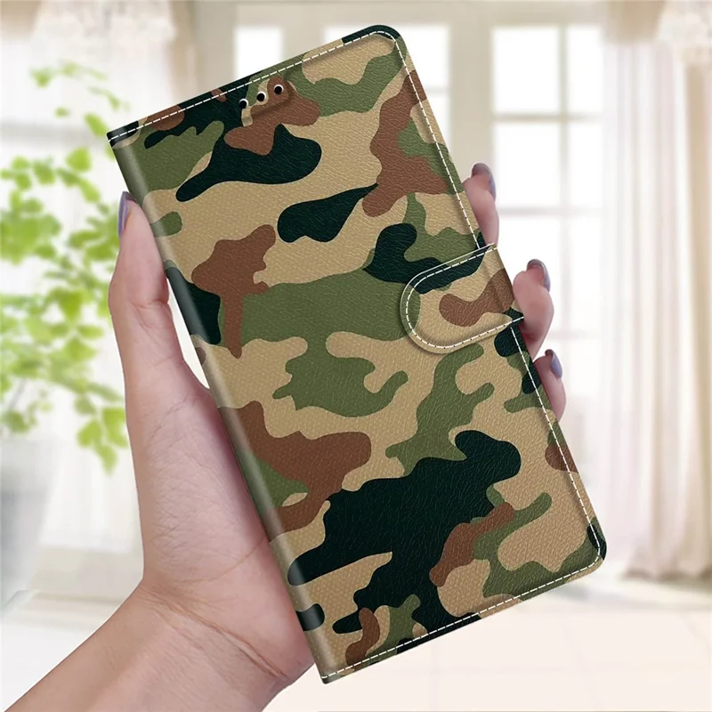 Stylish Pattern Printing Design Anti-Collision Leather Stand Cover Phone Case with Handy Strap for iPhone 12/12 Pro 6.1 inch - Camouflage