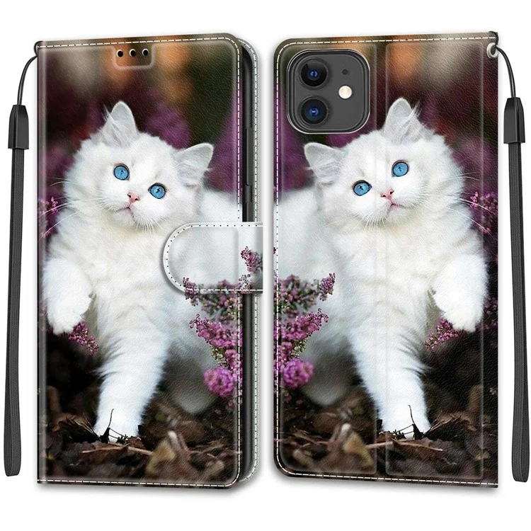 Pattern Printing All-Round Protection Shockproof Leather Cover Phone Stand Case with Wrist Strap for iPhone 11 6.1 inch - White Cat