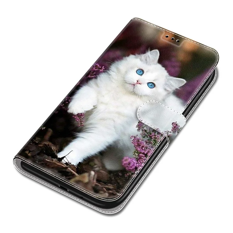 Pattern Printing All-Round Protection Shockproof Leather Cover Phone Stand Case with Wrist Strap for iPhone 11 6.1 inch - White Cat