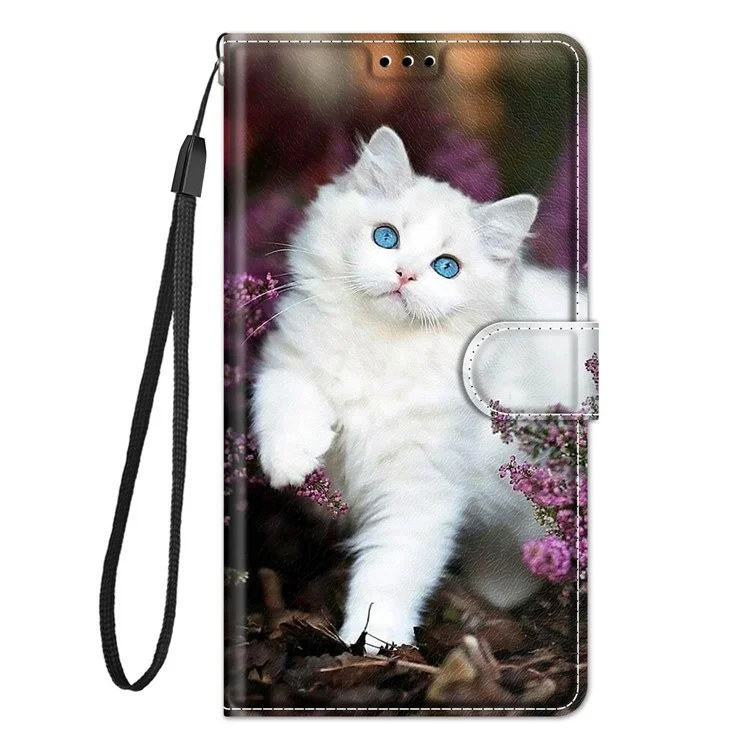 Pattern Printing All-Round Protection Shockproof Leather Cover Phone Stand Case with Wrist Strap for iPhone 11 6.1 inch - White Cat