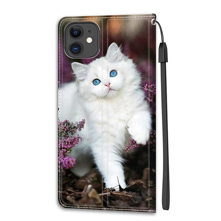 Pattern Printing All-Round Protection Shockproof Leather Cover Phone Stand Case with Wrist Strap for iPhone 11 6.1 inch - White Cat