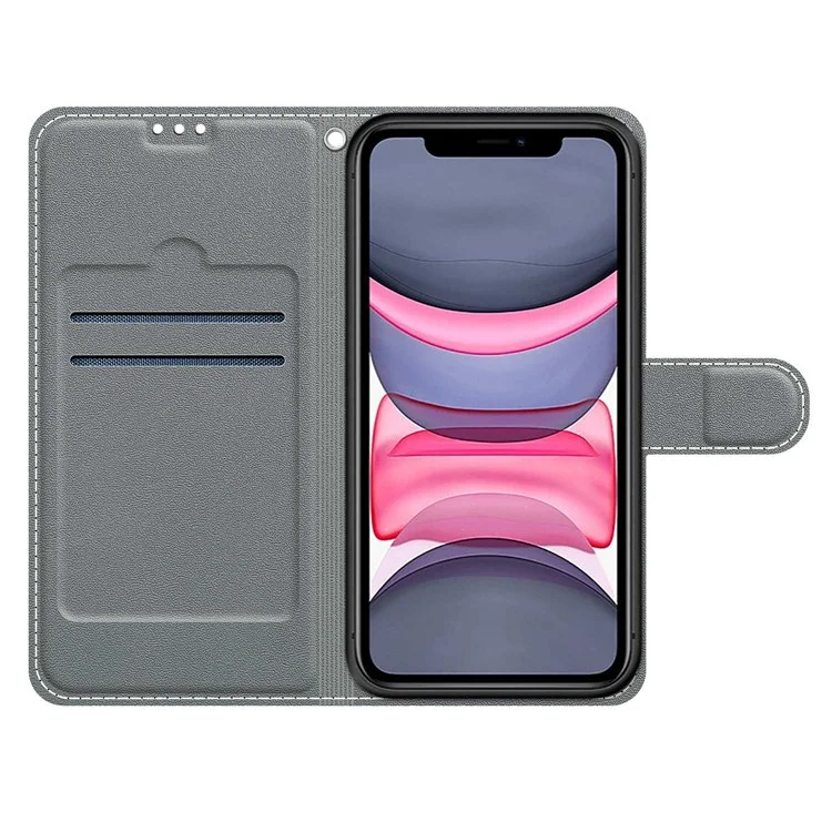 Pattern Printing All-Round Protection Shockproof Leather Cover Phone Stand Case with Wrist Strap for iPhone 11 6.1 inch - White Cat