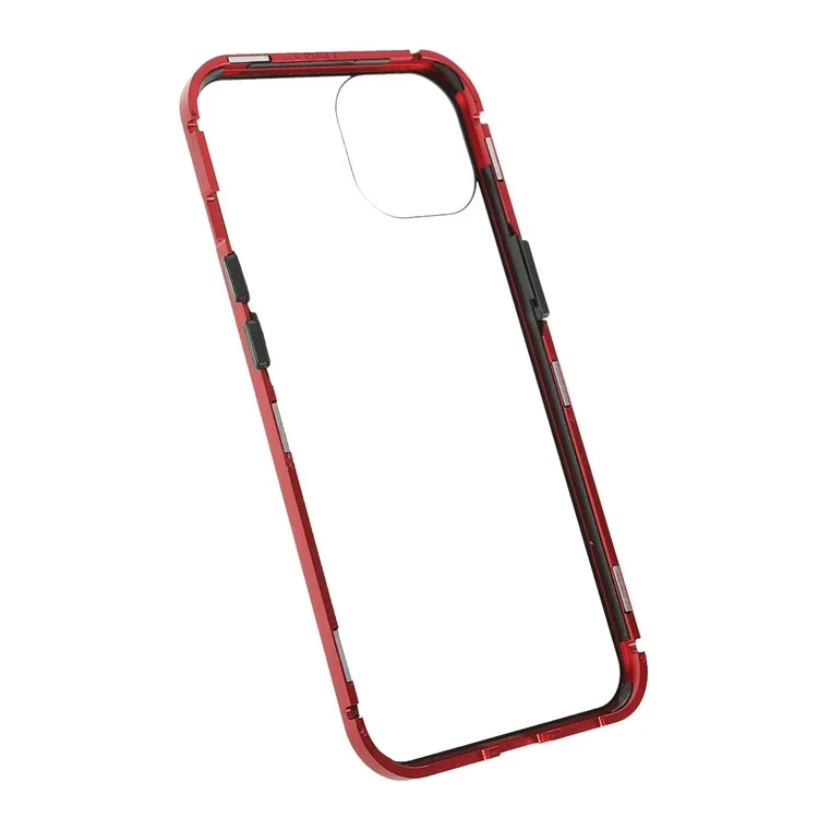 Capa de Proteção Antisui de Cobertura Total com Estrutura de Metal + Vidro Temperado Magnético de Dupla Face para iPhone 13 6.1 polegadas - Vermelho