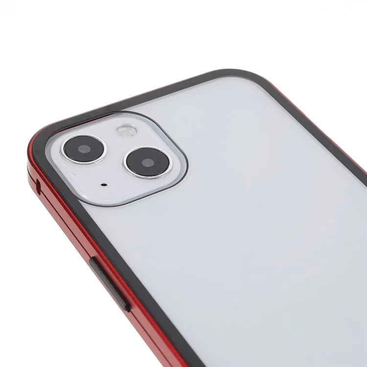 Capa de Proteção Antisui de Cobertura Total com Estrutura de Metal + Vidro Temperado Magnético de Dupla Face para iPhone 13 6.1 polegadas - Vermelho