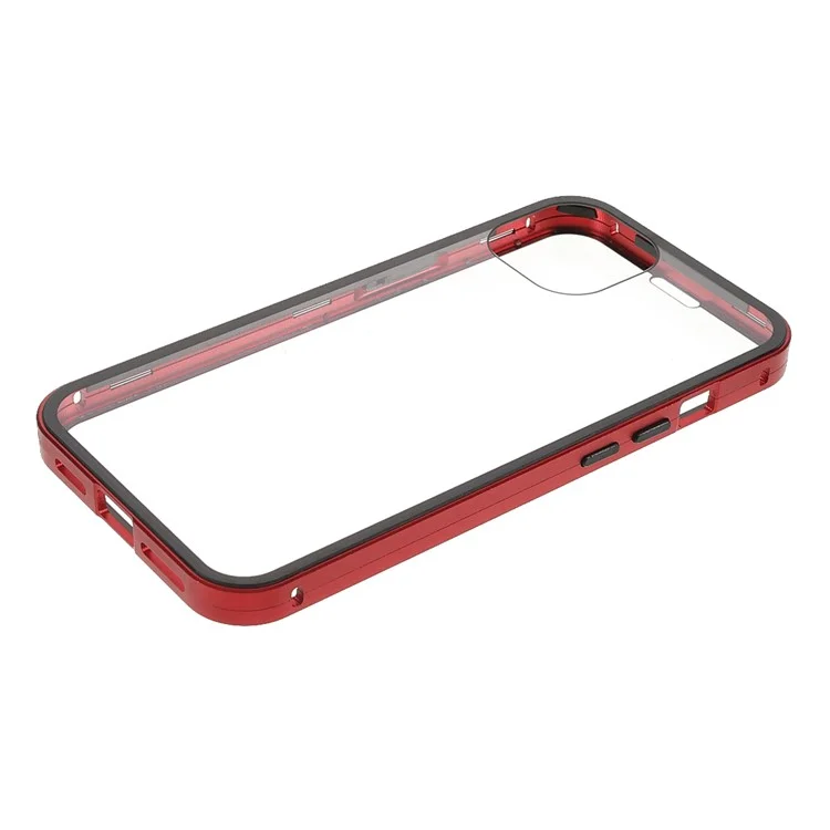 Capa de Proteção Antisui de Cobertura Total com Estrutura de Metal + Vidro Temperado Magnético de Dupla Face para iPhone 13 6.1 polegadas - Vermelho