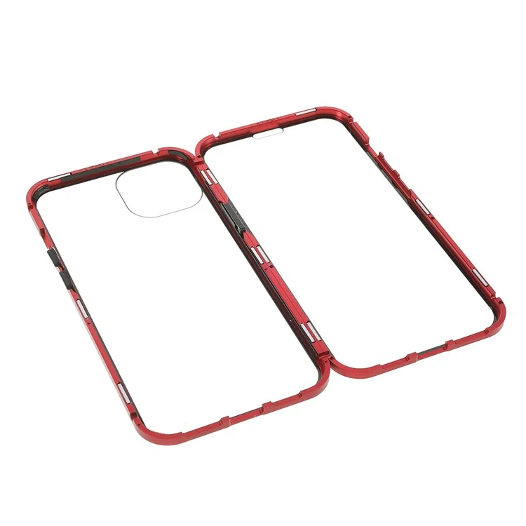 Capa de Proteção Antisui de Cobertura Total com Estrutura de Metal + Vidro Temperado Magnético de Dupla Face para iPhone 13 6.1 polegadas - Vermelho