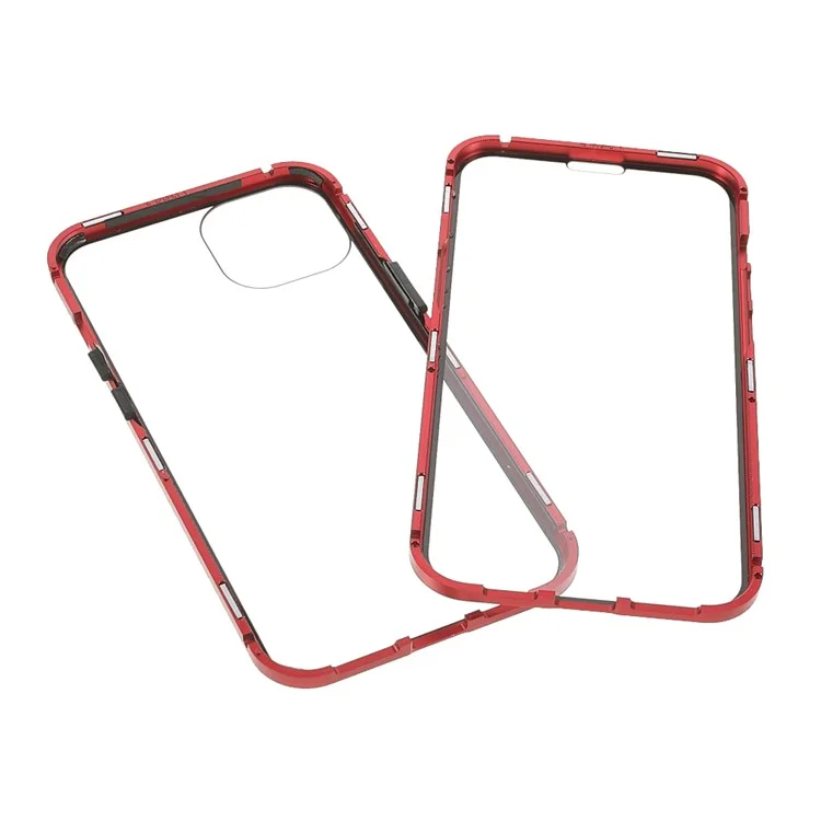 Capa de Proteção Antisui de Cobertura Total com Estrutura de Metal + Vidro Temperado Magnético de Dupla Face para iPhone 13 6.1 polegadas - Vermelho