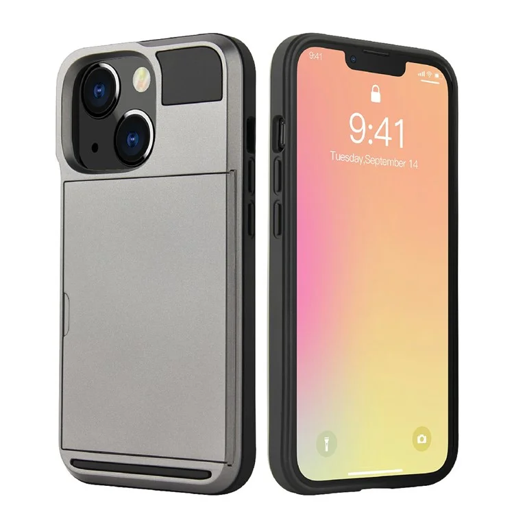Anti Scratch TPU + PC Phone Cover Protector with Slide Card Holder for iPhone 13 Pro 6.1 inch - Grey