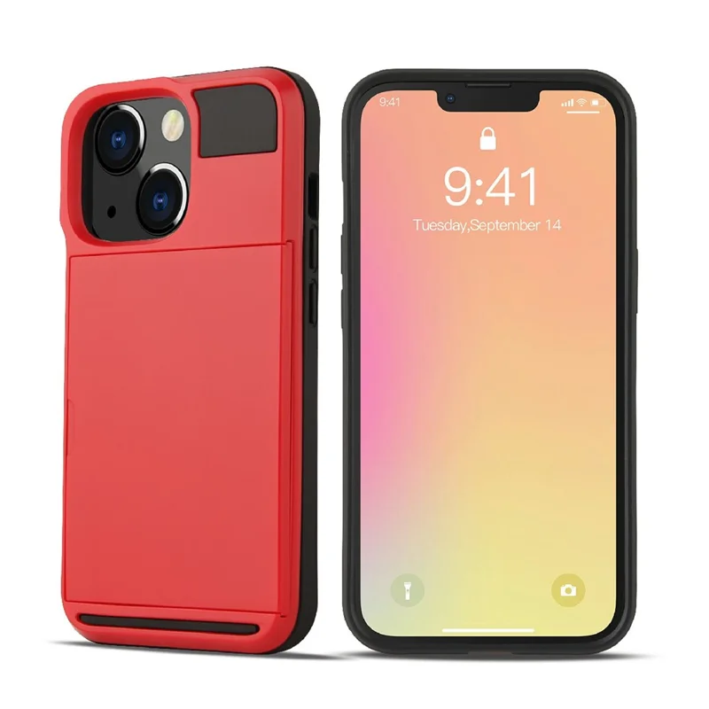 Kratzsichere TPU + PC-Handyhülle mit Schiebetaschenhalter für iPhone 13 Pro 6,1 Zoll - Rot