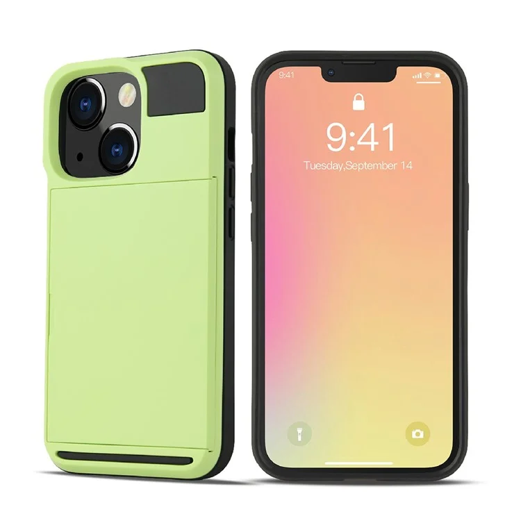 Дизайн Slide Card Holder Гибридный чехол из TPU + PC для iPhone 13 mini 5.4 дюйма - Зеленый
