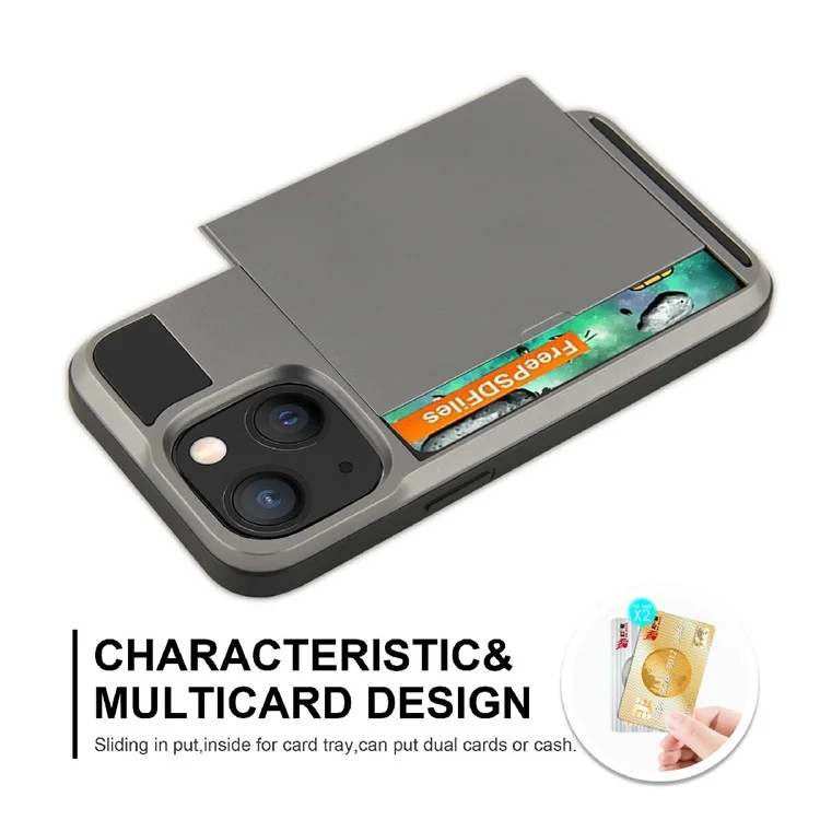Дизайн Slide Card Holder Гибридный чехол из TPU + PC для iPhone 13 mini 5.4 дюйма - Зеленый
