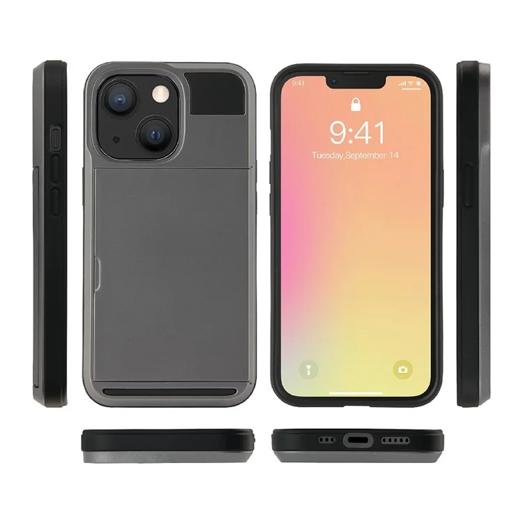 Дизайн Slide Card Holder Гибридный чехол из TPU + PC для iPhone 13 mini 5.4 дюйма - Зеленый
