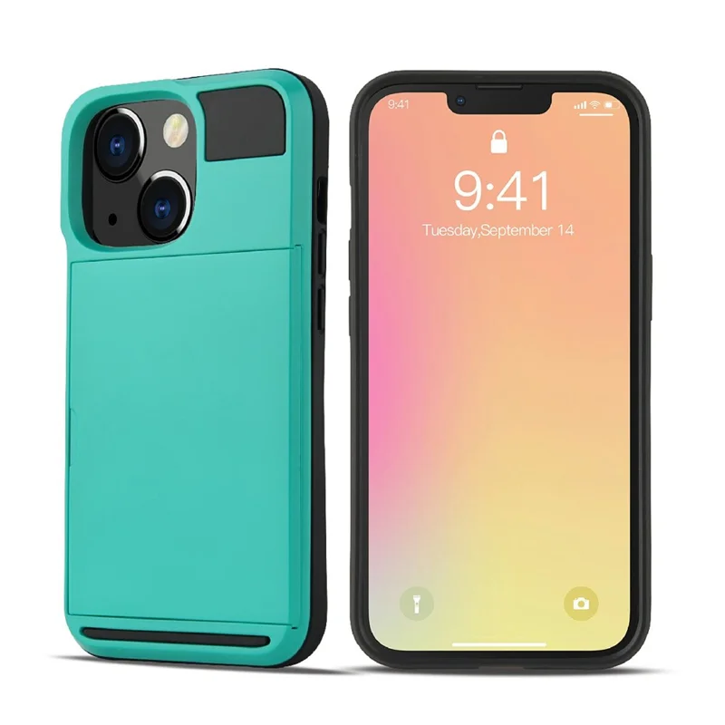 TPU + PC Hybrid Phone Case Protective Cover with Slide Card Holder for iPhone 13 Pro Max 6.7 inch - Blue