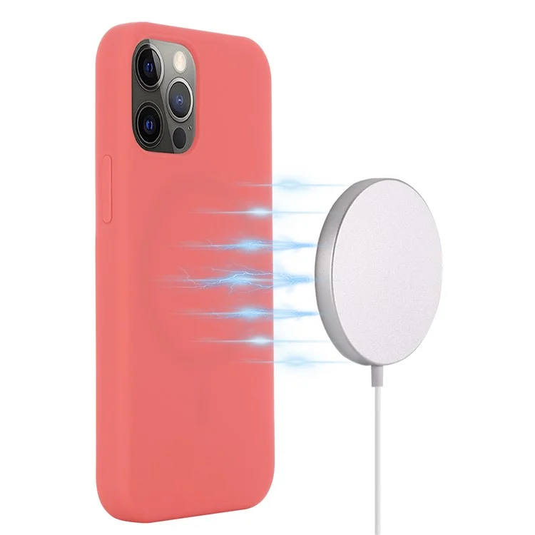 Coque en silicone liquide souple et magnétique compatible avec la charge MagSafe pour iPhone 13 Pro 6.1 pouces - Rose chaud