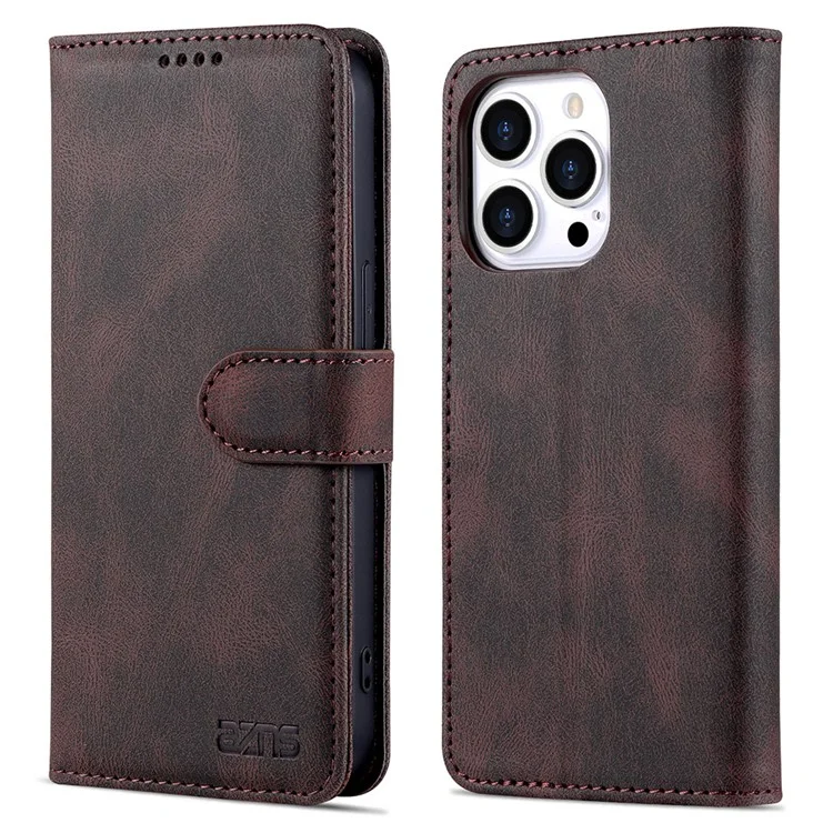 AZNS Full Protection Anti-Drop Anti-Scratch Wallet Design Phone Case with Stand for iPhone 13 Pro Max 6.7 inch - Marrón