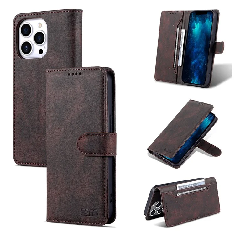AZNS Full Protection Anti-Drop Anti-Scratch Wallet Design Phone Case with Stand for iPhone 13 Pro Max 6.7 inch - Marrón