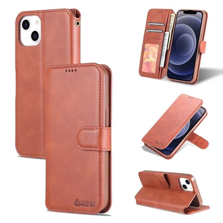 Azns Magnetic Snap Fall Prevention Wallet Design Protective Leather Phone Cover Bracket For Iphone 13 6.1 In - Brun